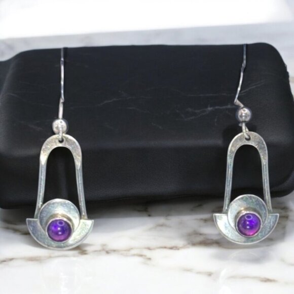 Vintage 925 Sterling Silver & Amethyst Earrings Modernist Design - Picture 2 of 9